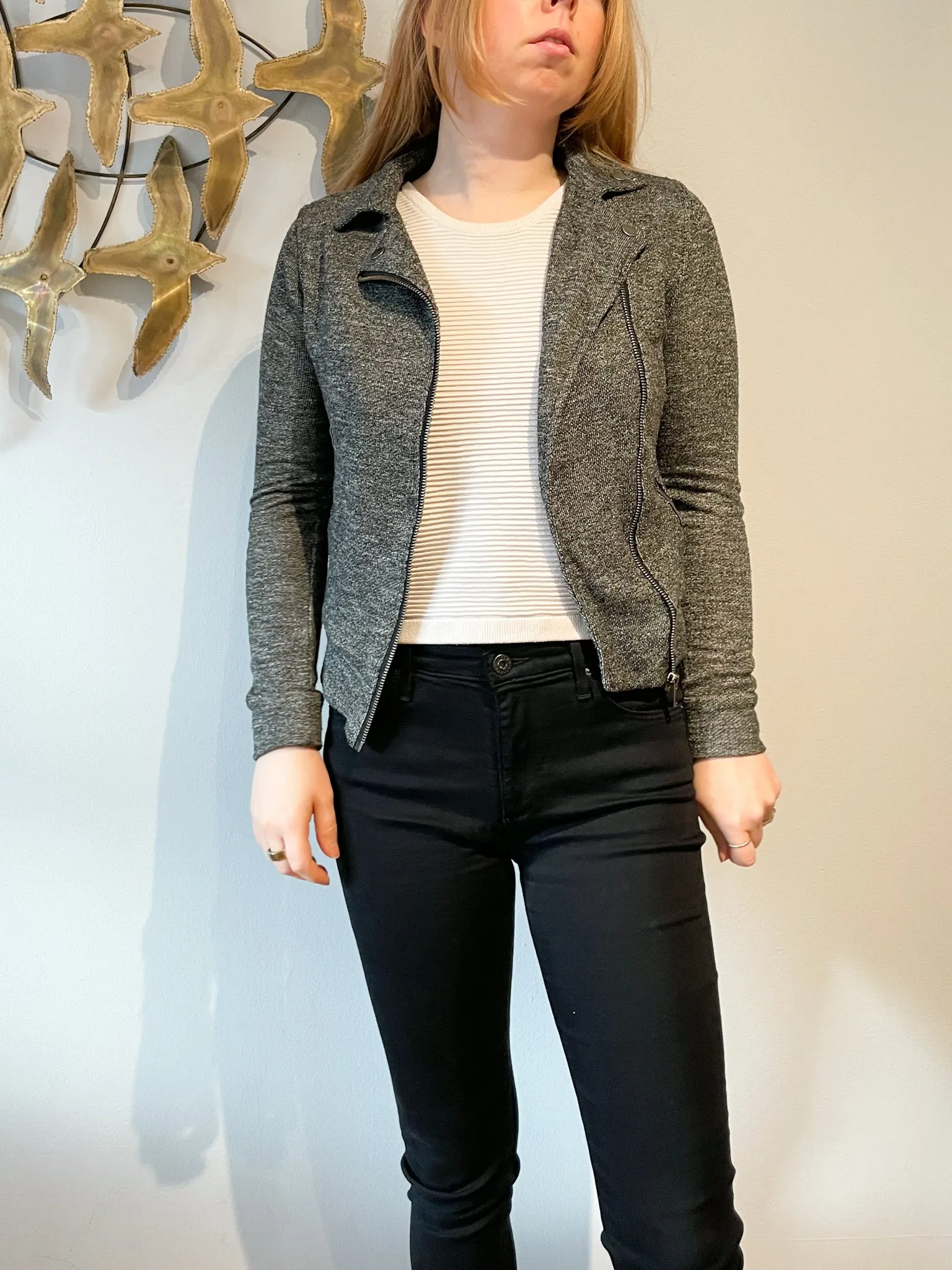 Dex Grey Knit Moto Style Zipper Cropped Jacket - XS