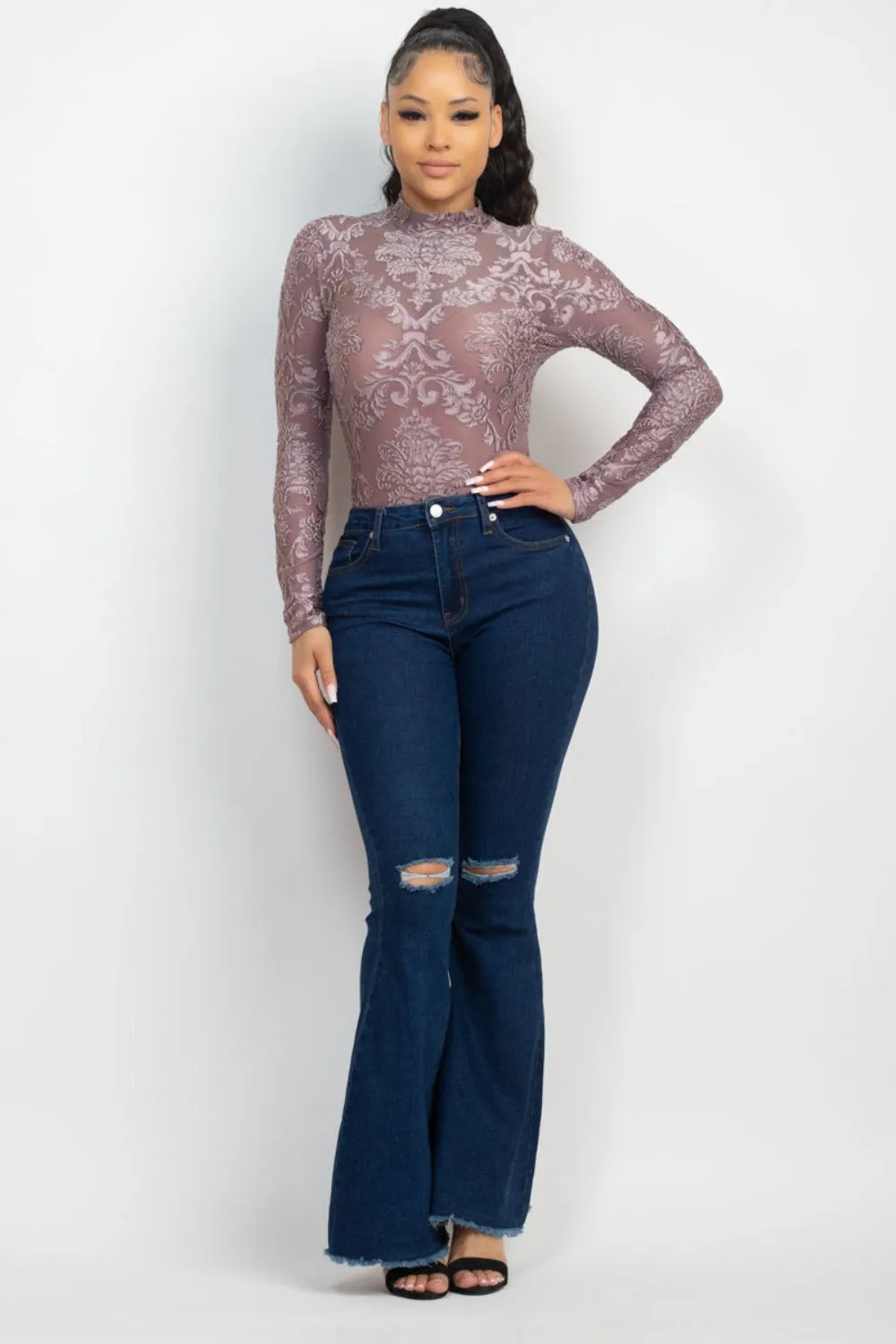 Embroidered Mock Neck Keyhole Bodysuit