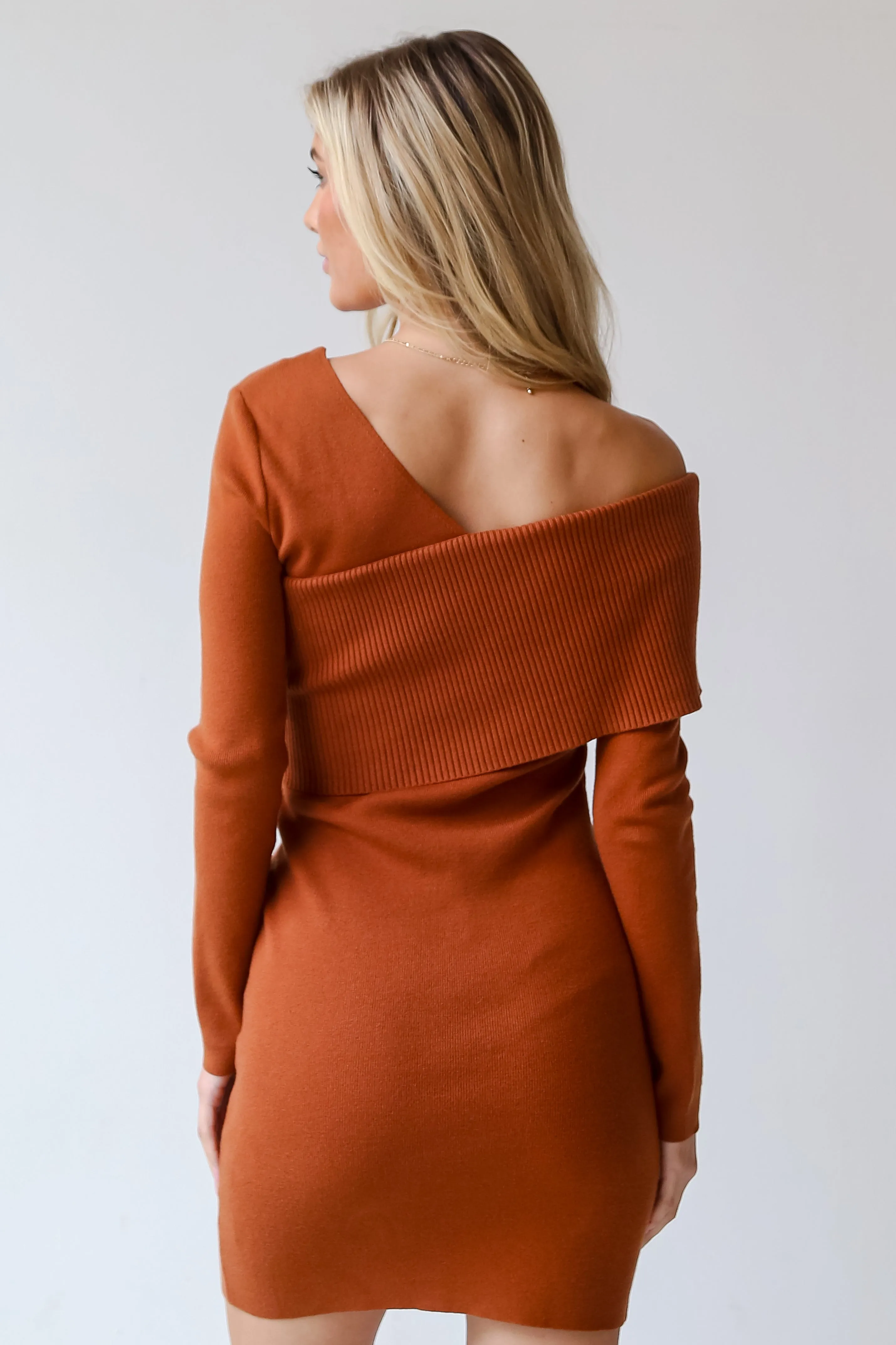 FINAL SALE - Couldn't Be Better Camel One-Shoulder Mini Sweater Dress