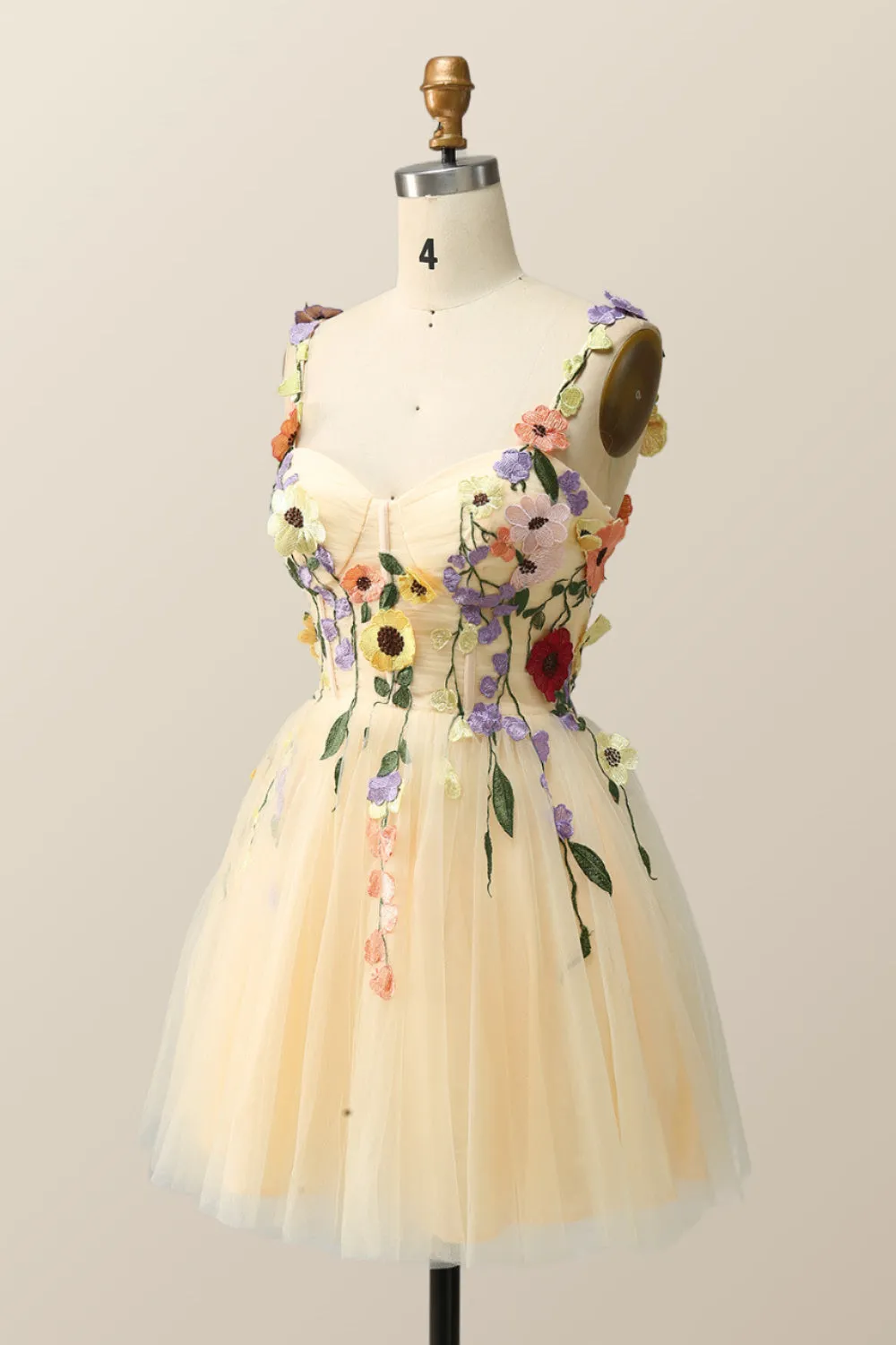 Floral Embroidered Champagne Tulle Short Homecoming Dress