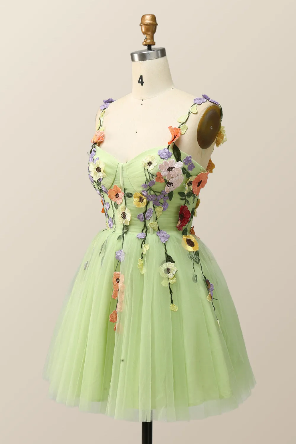 Floral Embroidered Champagne Tulle Short Homecoming Dress