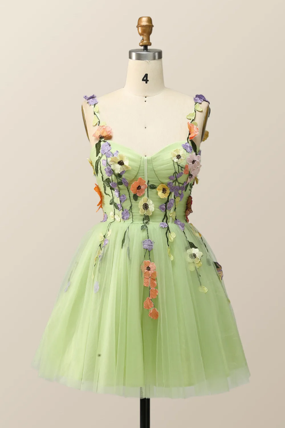 Floral Embroidered Champagne Tulle Short Homecoming Dress