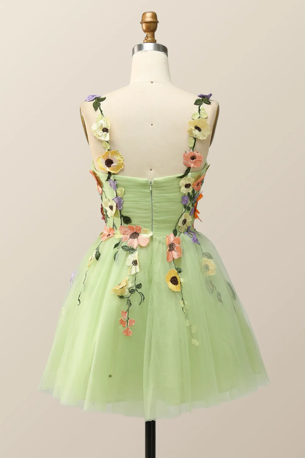 Floral Embroidered Champagne Tulle Short Homecoming Dress