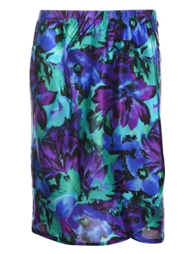 Floral Pattern Purple & Green Elasticated Midi Skirt - M