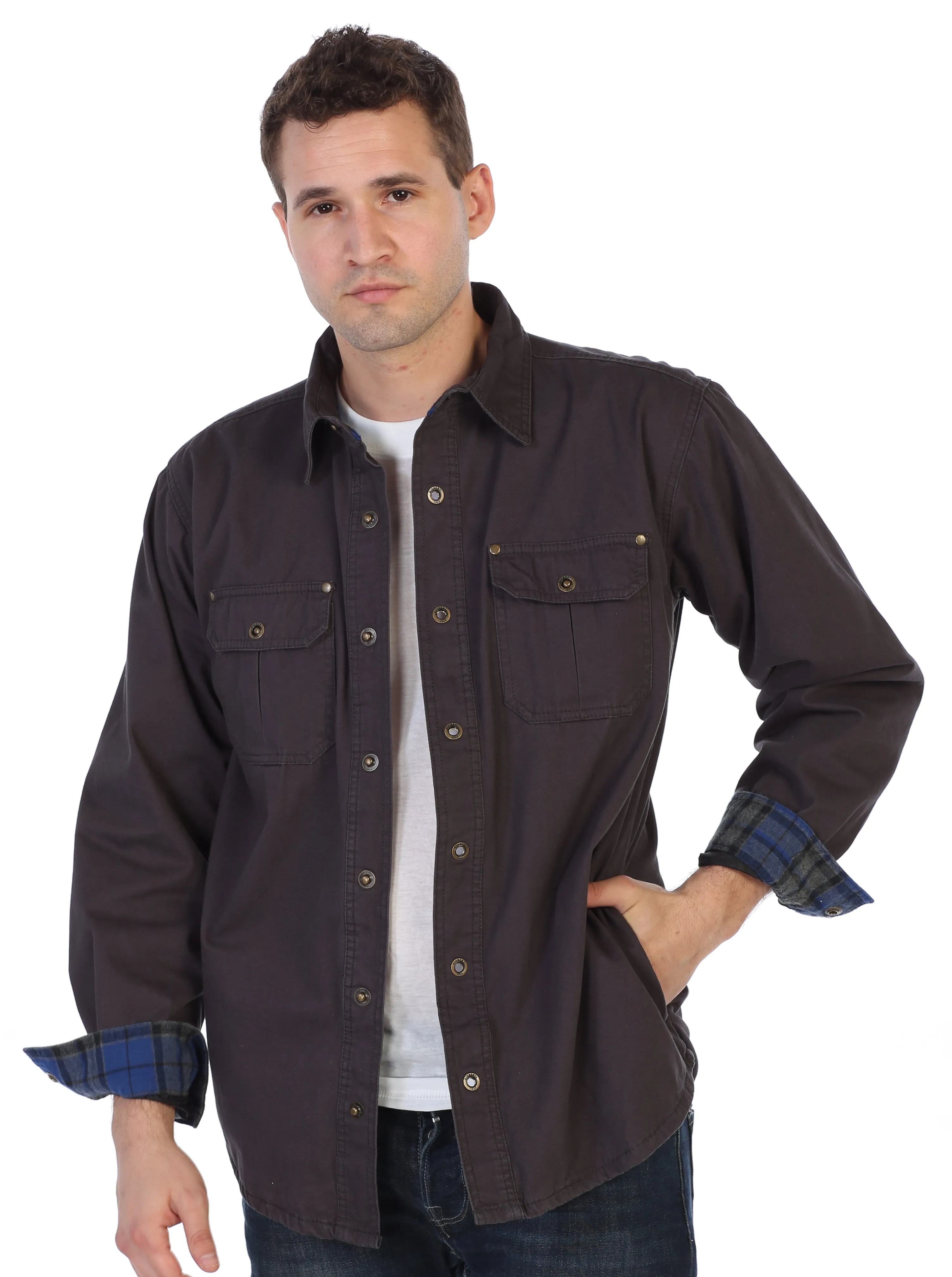 Gioberti Men's Charcoal Cotton Brushed and Soft Twill Shirt Jacket with Flannel Lining