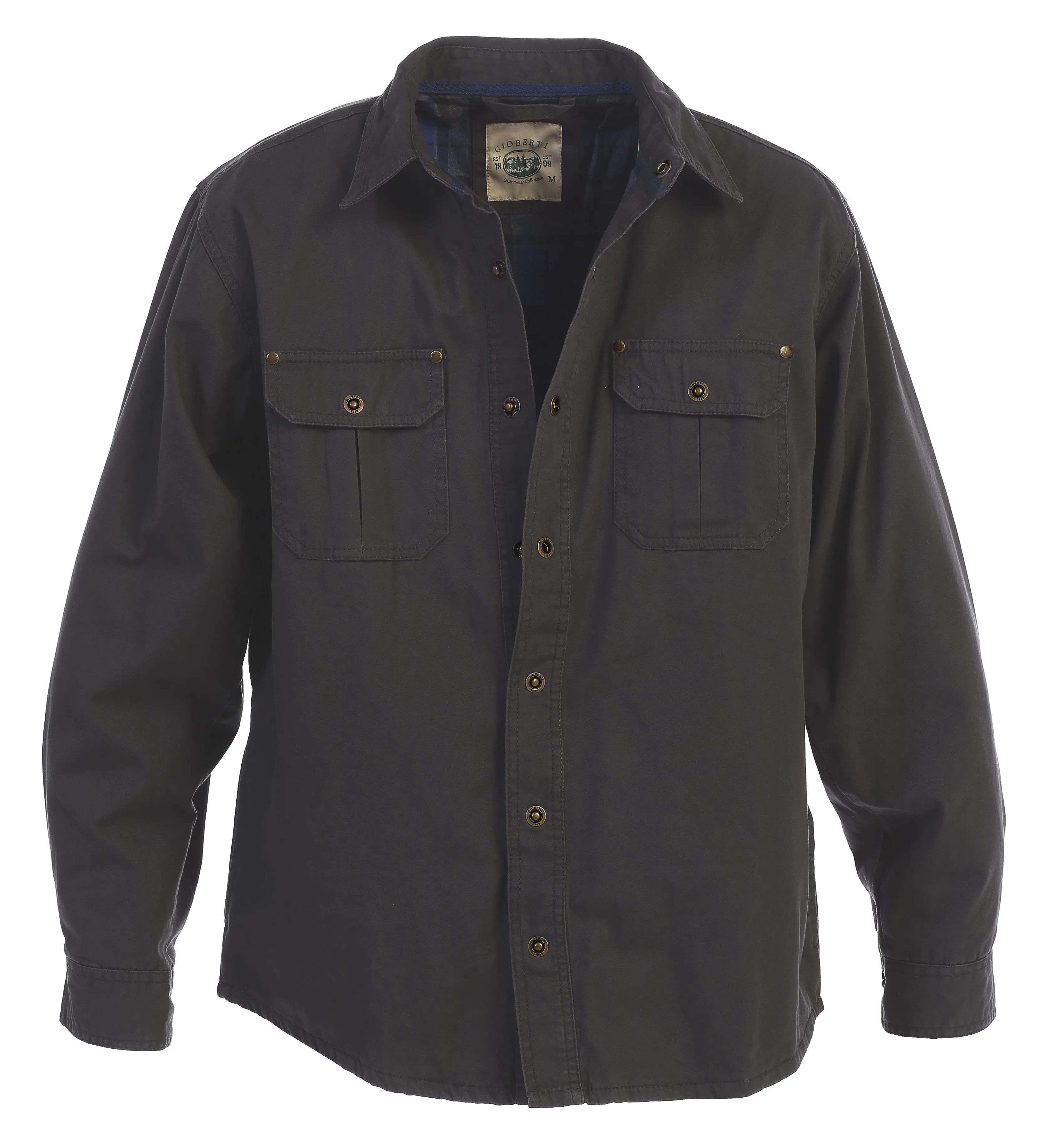 Gioberti Men's Charcoal Cotton Brushed and Soft Twill Shirt Jacket with Flannel Lining