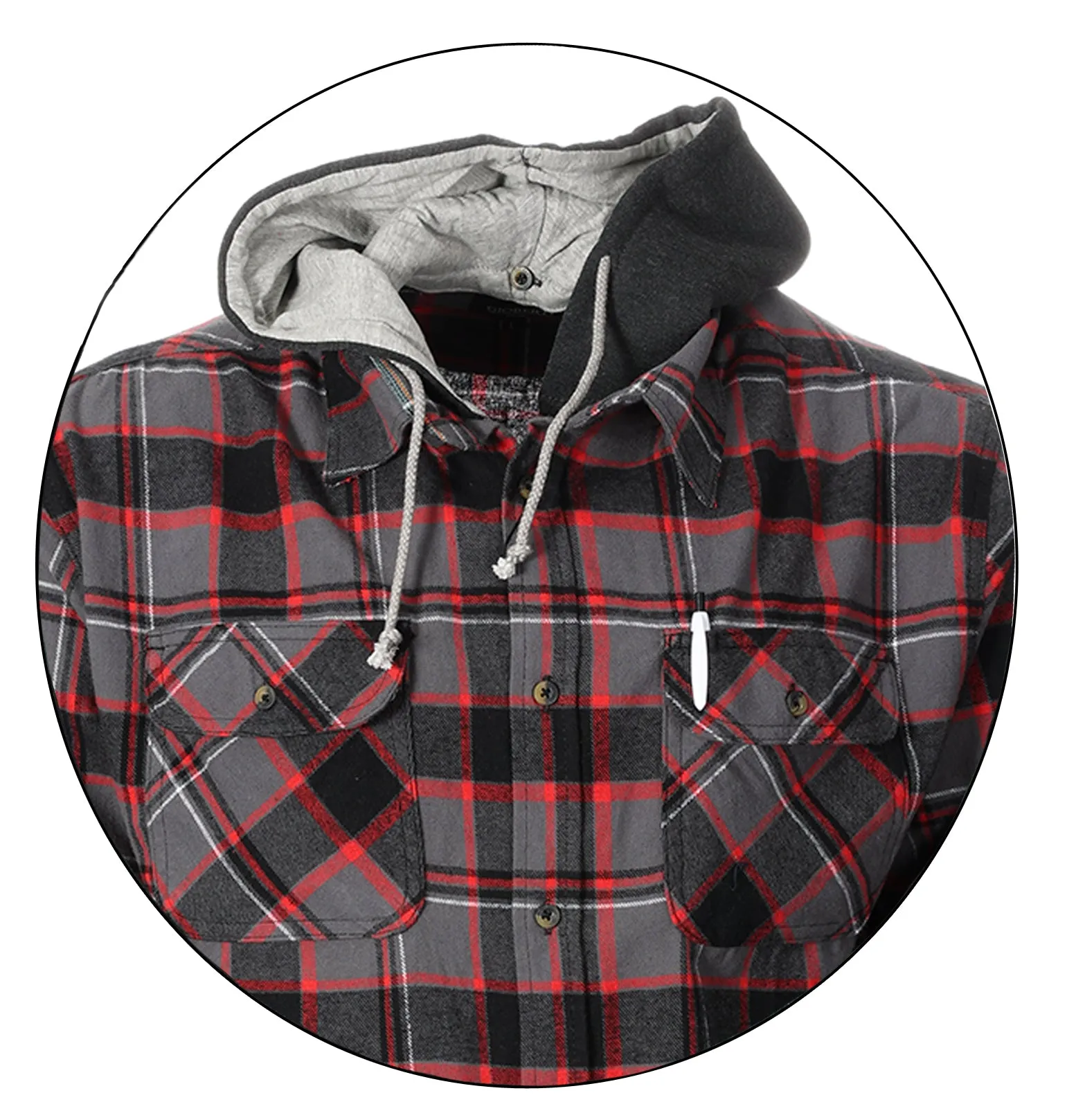 Gioberti Men's Charcoal / Red Removable Hoodie Plaid Checkered Flannel Button Down Shirt