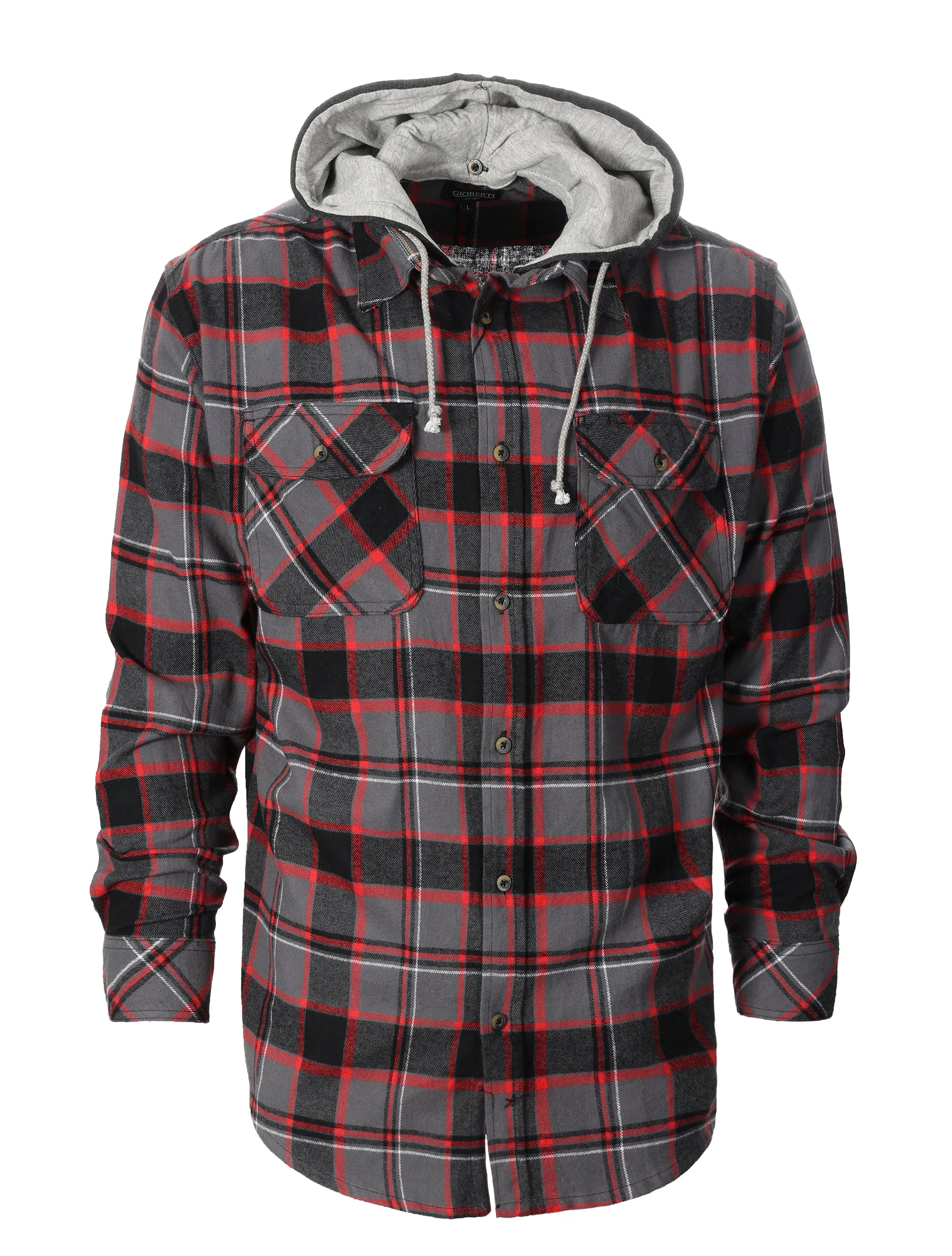 Gioberti Men's Charcoal / Red Removable Hoodie Plaid Checkered Flannel Button Down Shirt