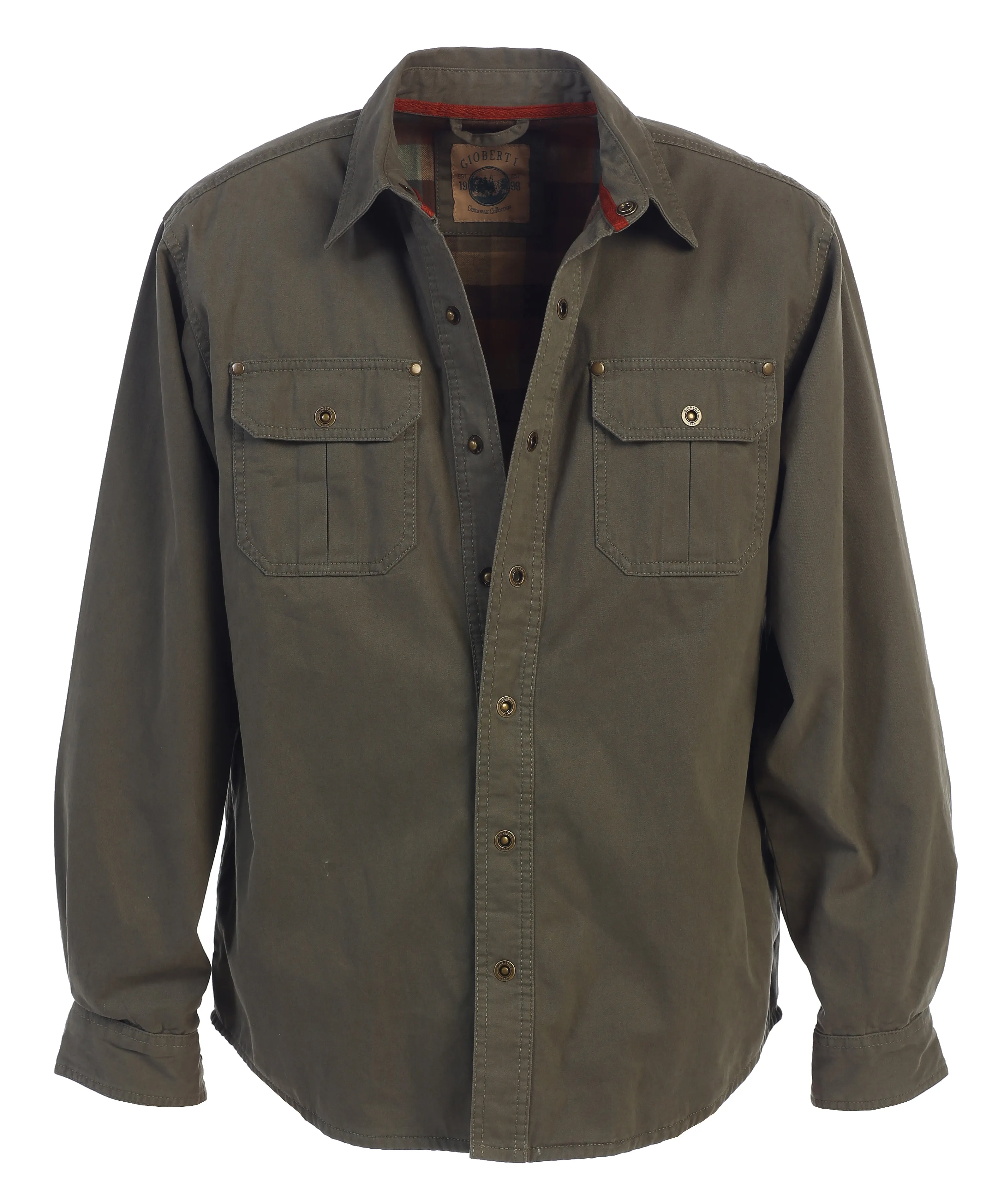 Gioberti Men's Olive Cotton Brushed and Soft Twill Shirt Jacket with Flannel Lining