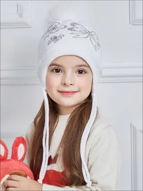 Girls Fall Knit Bow Tie Embellished Pom Pom Beanie