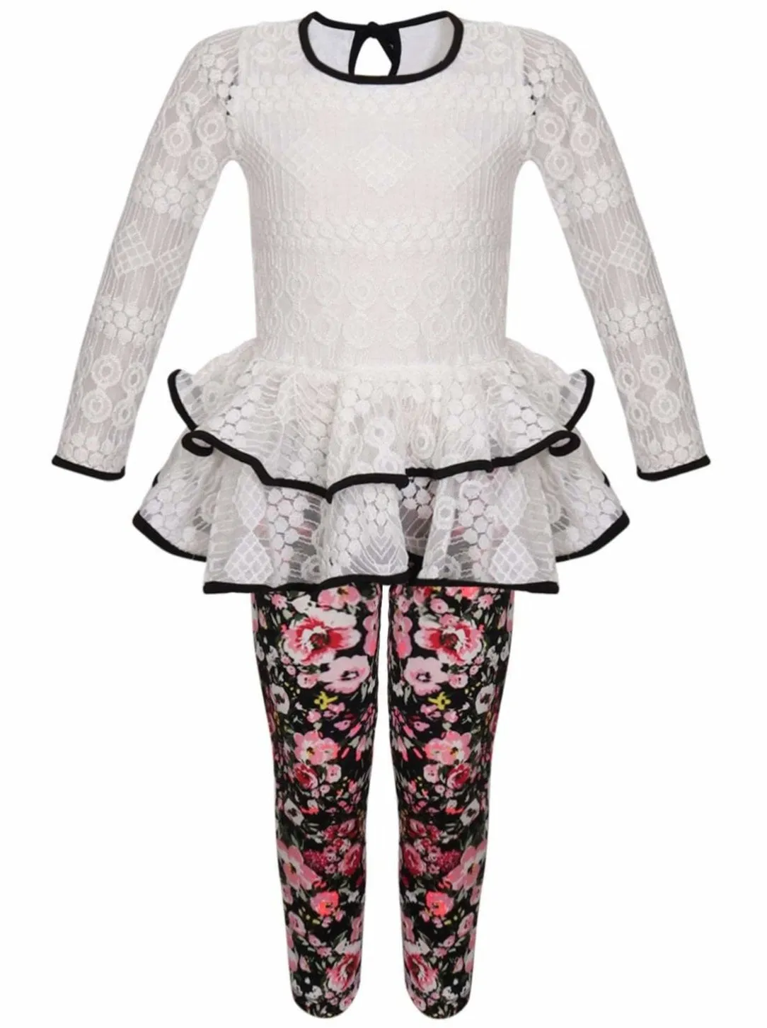 Girls Lace Tiered Peplum Long Sleeve Tunic And Printed Legging Set