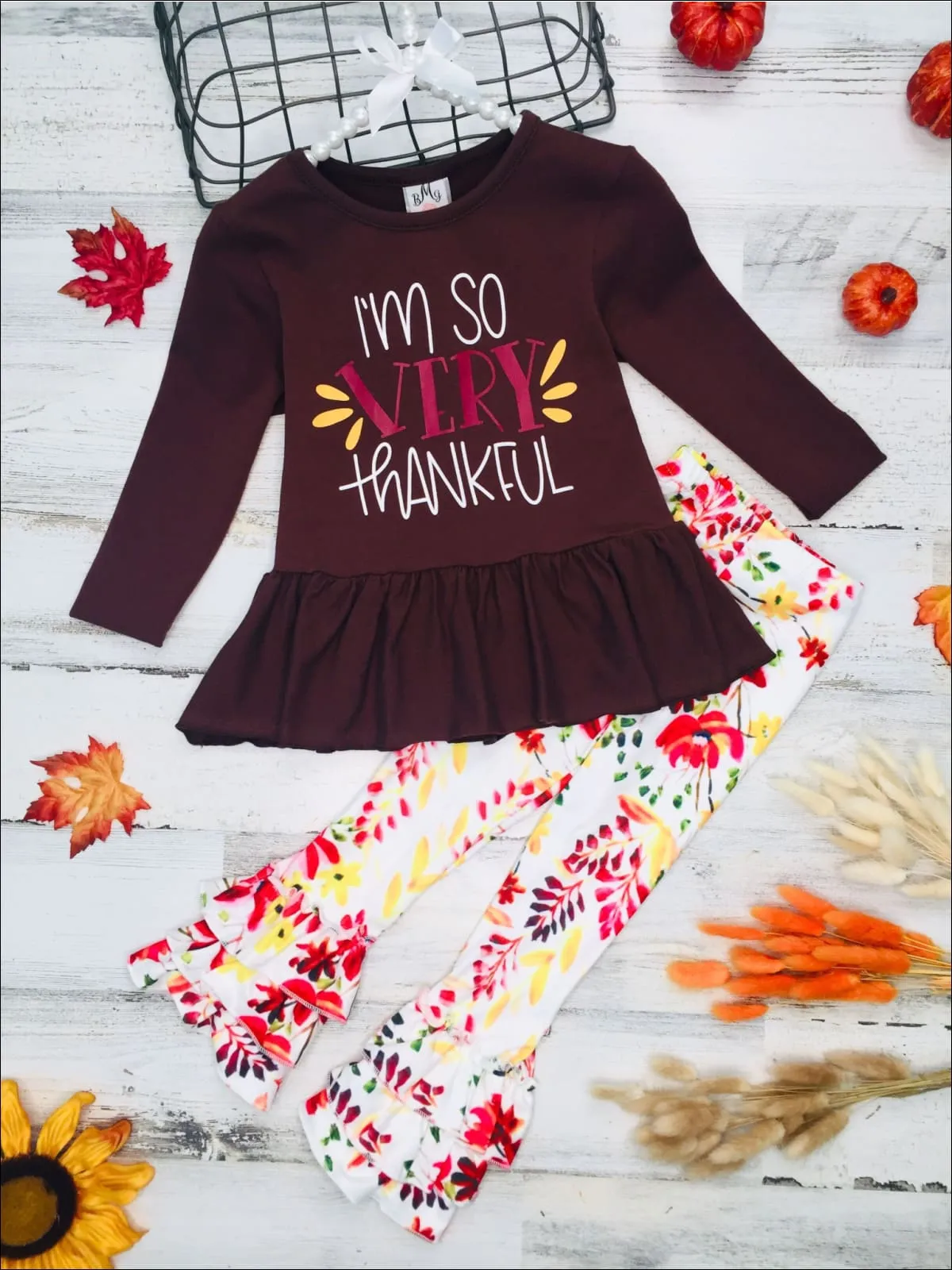 Girls "I'm So Very Thankful" Peplum Tunic And Tiered Ruffled Floral Legging Set