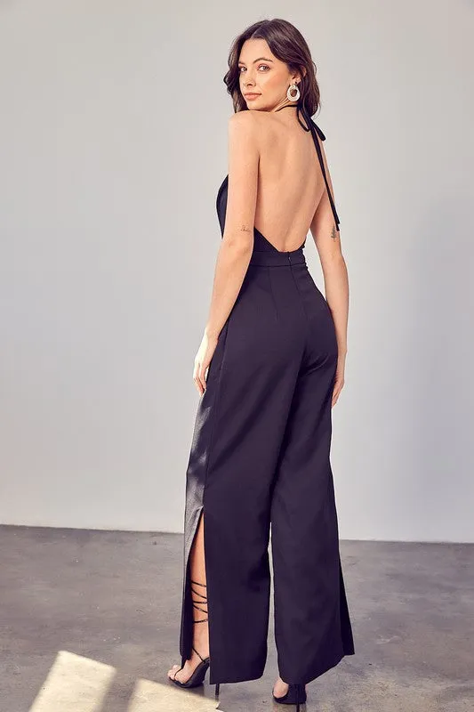 Glam Black Deep V Neck Wide Leg Jumpsuit