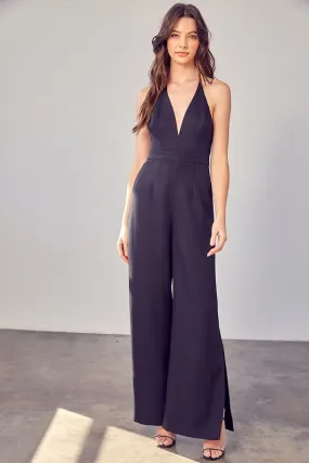 Glam Black Deep V Neck Wide Leg Jumpsuit