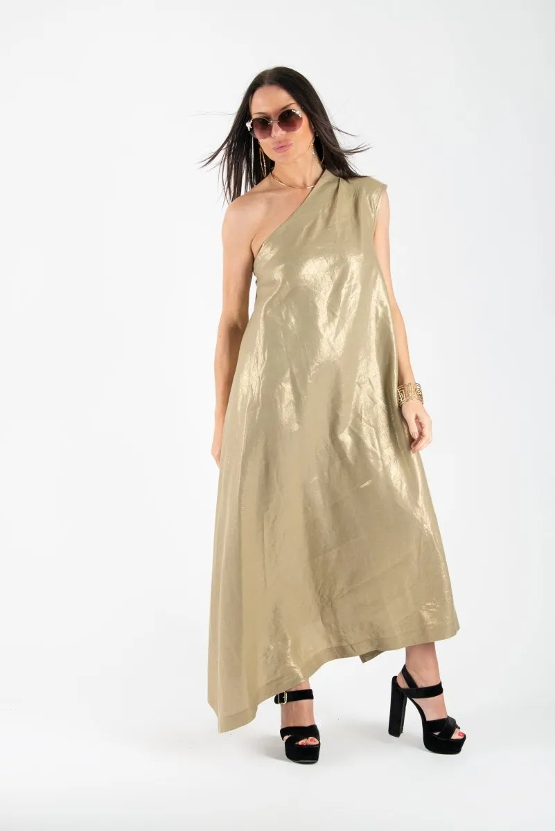 Gold Linen One Shoulder Dress TIFFANY Sale