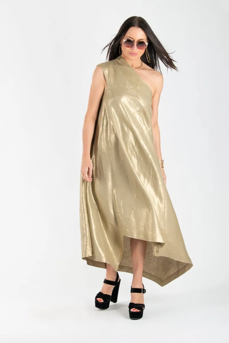 Gold Linen One Shoulder Dress TIFFANY Sale