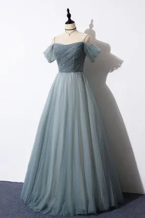 Gray Blue Spaghetti Strap Tulle Floor Length Prom Dress, Off Shoulder Evening Party Dress