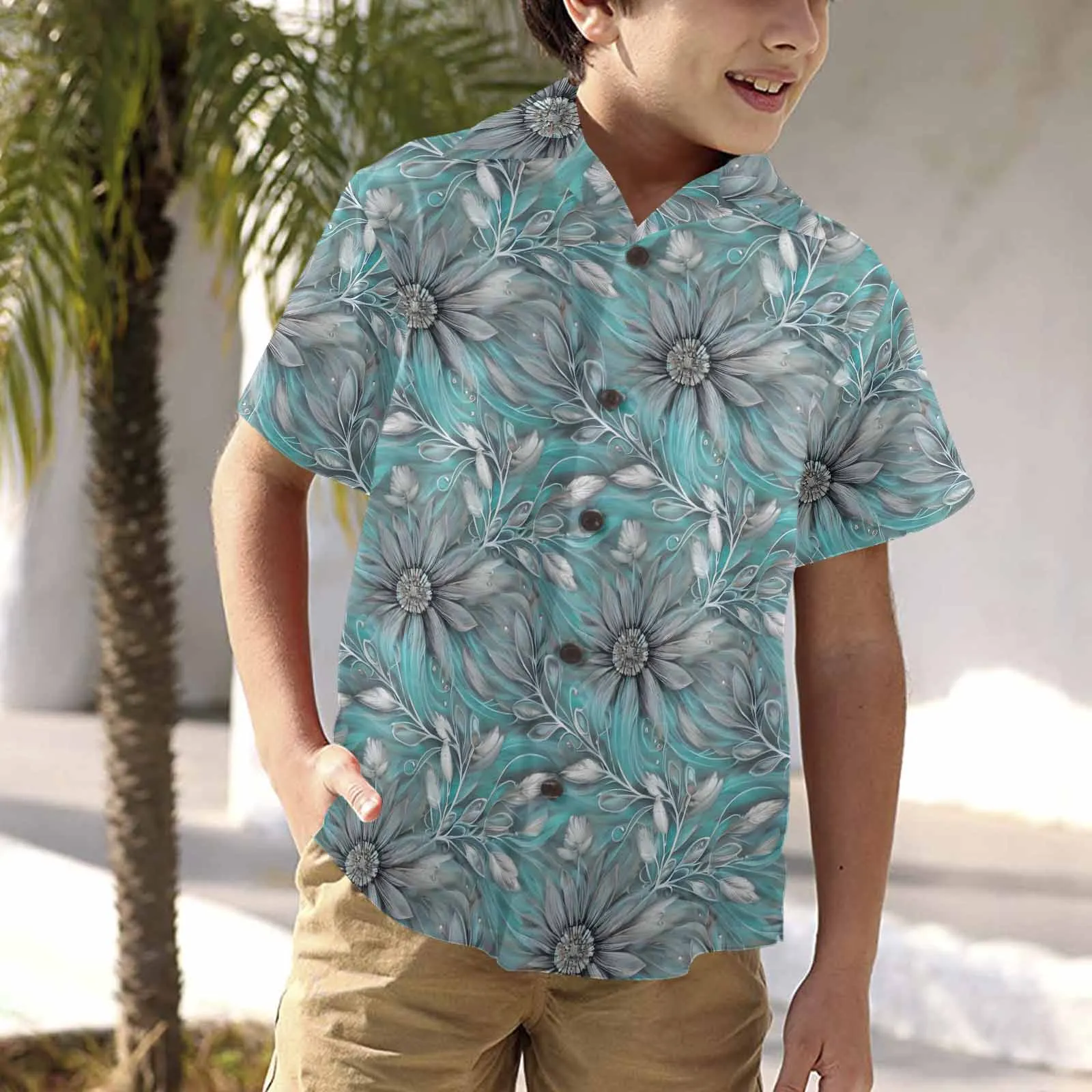 Green Elegant Floral 25  Little Boys Hawaiian Shirt