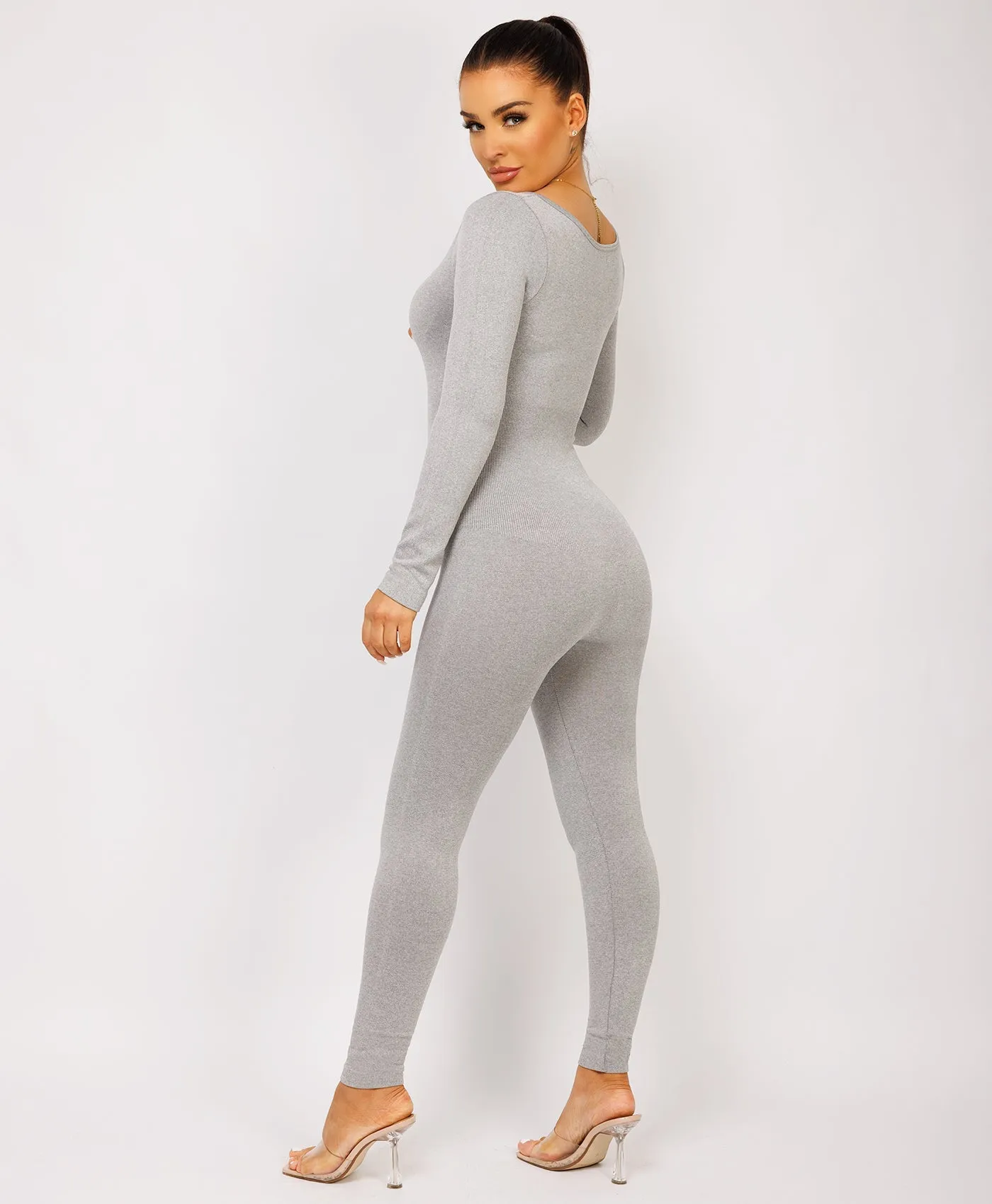 Grey Elastic Ribbed Waist Round Neck Jumpsuit