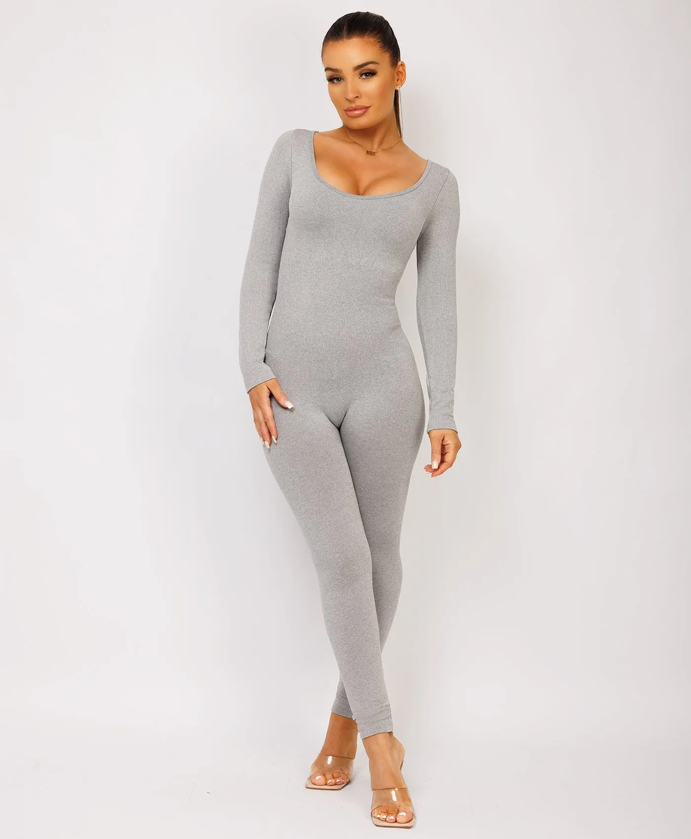 Grey Elastic Ribbed Waist Round Neck Jumpsuit