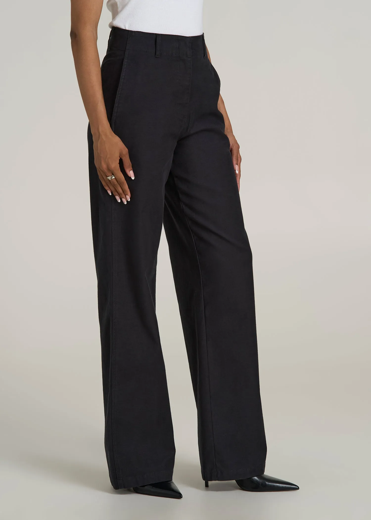 High-Rise Wide-Leg Flat-Front Chino Pants for Tall Women in Black