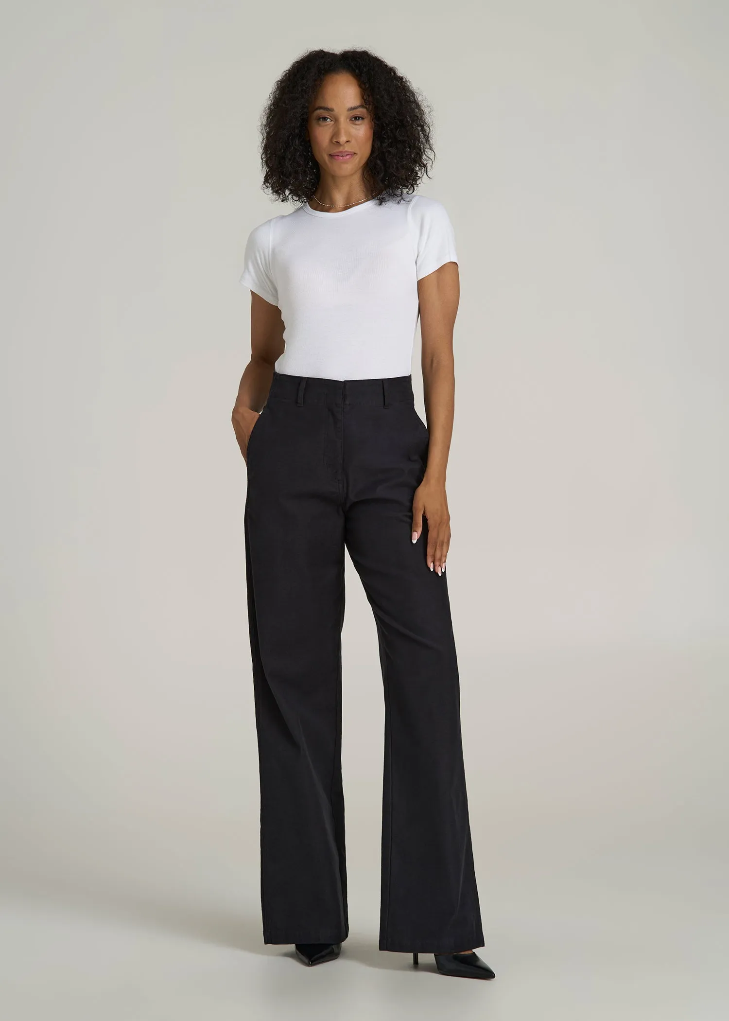 High-Rise Wide-Leg Flat-Front Chino Pants for Tall Women in Black