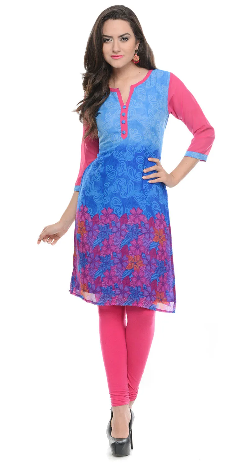 India Tunic Top Long  Kurti Georgette Womens Printed Indian Clothing (Blue)