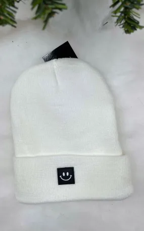 Ivory Smiley Face Patch Beanie