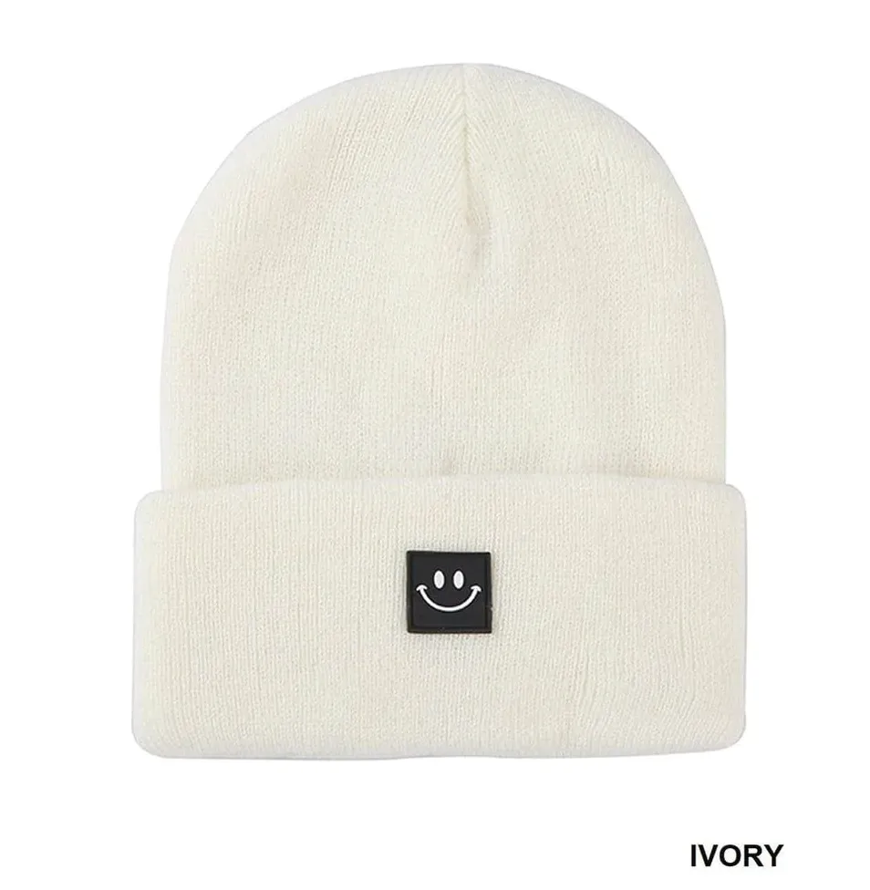 Ivory Smiley Face Patch Beanie