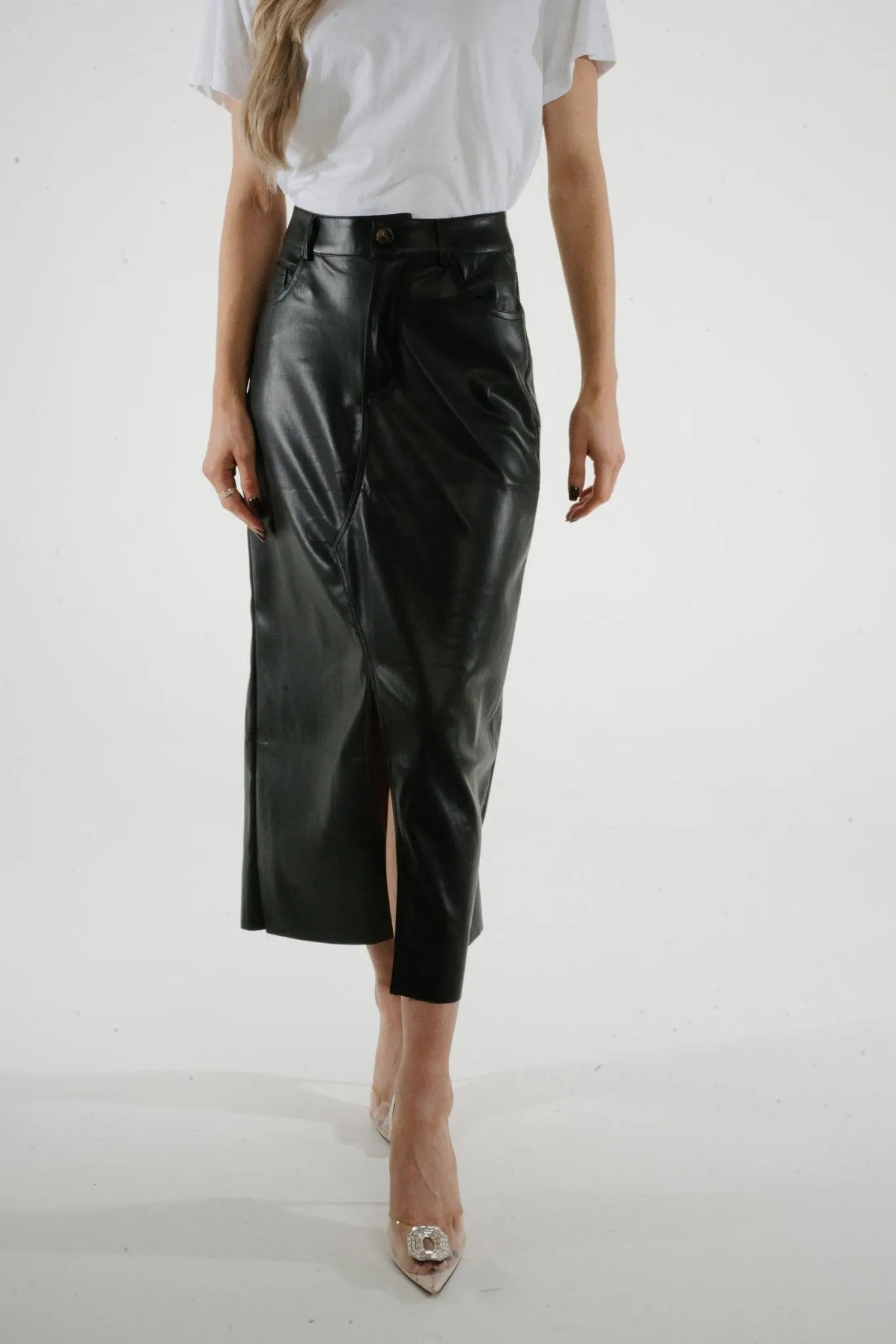 Jane Faux Leather Midi Skirt In Black