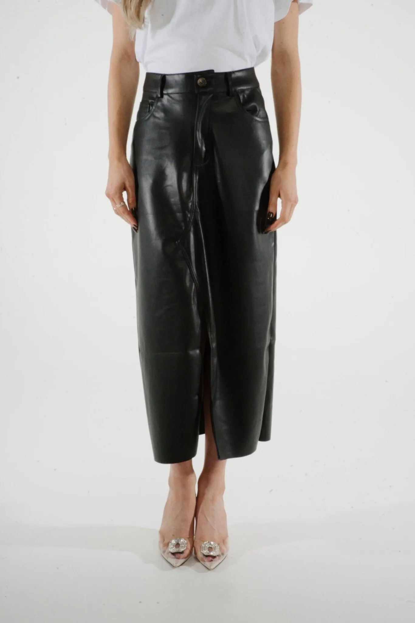 Jane Faux Leather Midi Skirt In Black