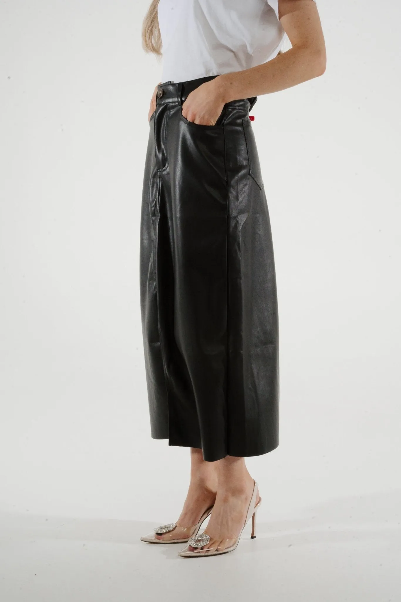 Jane Faux Leather Midi Skirt In Black