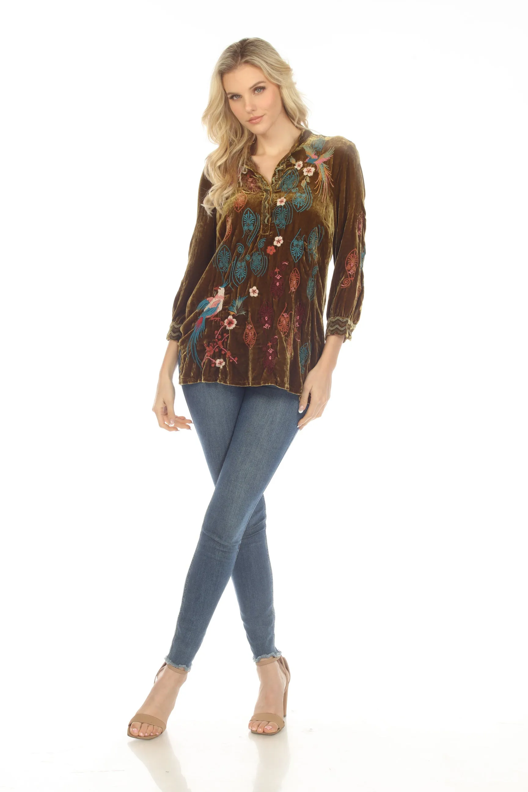 Johnny Was JWLA Ashira Velvet Henley Shirt Tunic Top Boho Chic J26623