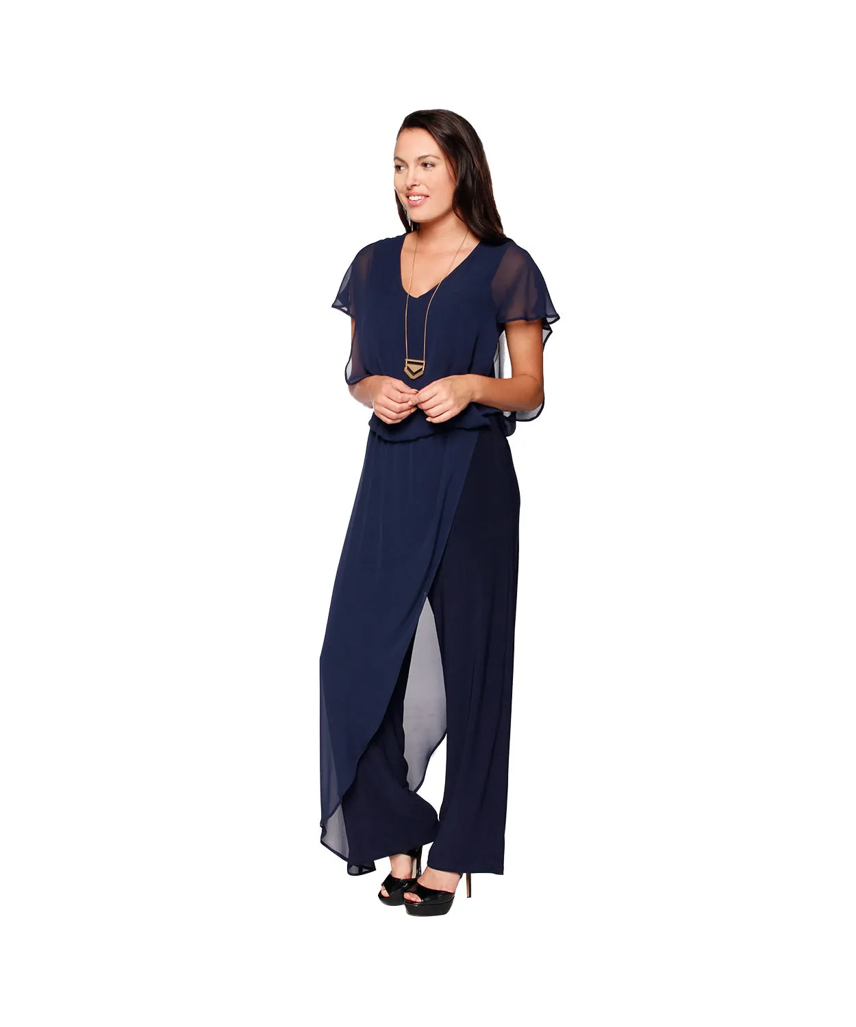 Jumpsuit with back Neckline, Chiffon Overlay & Straight Leg | Navy, Black