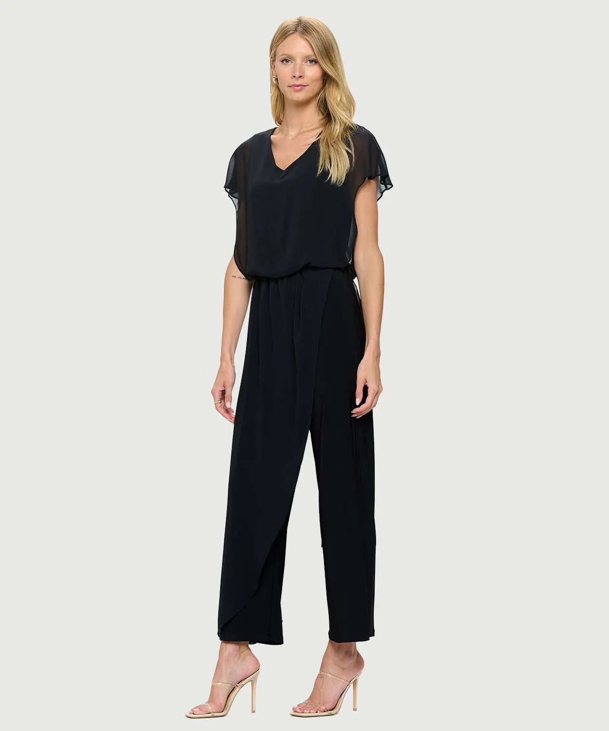 Jumpsuit with back Neckline, Chiffon Overlay & Straight Leg | Navy, Black