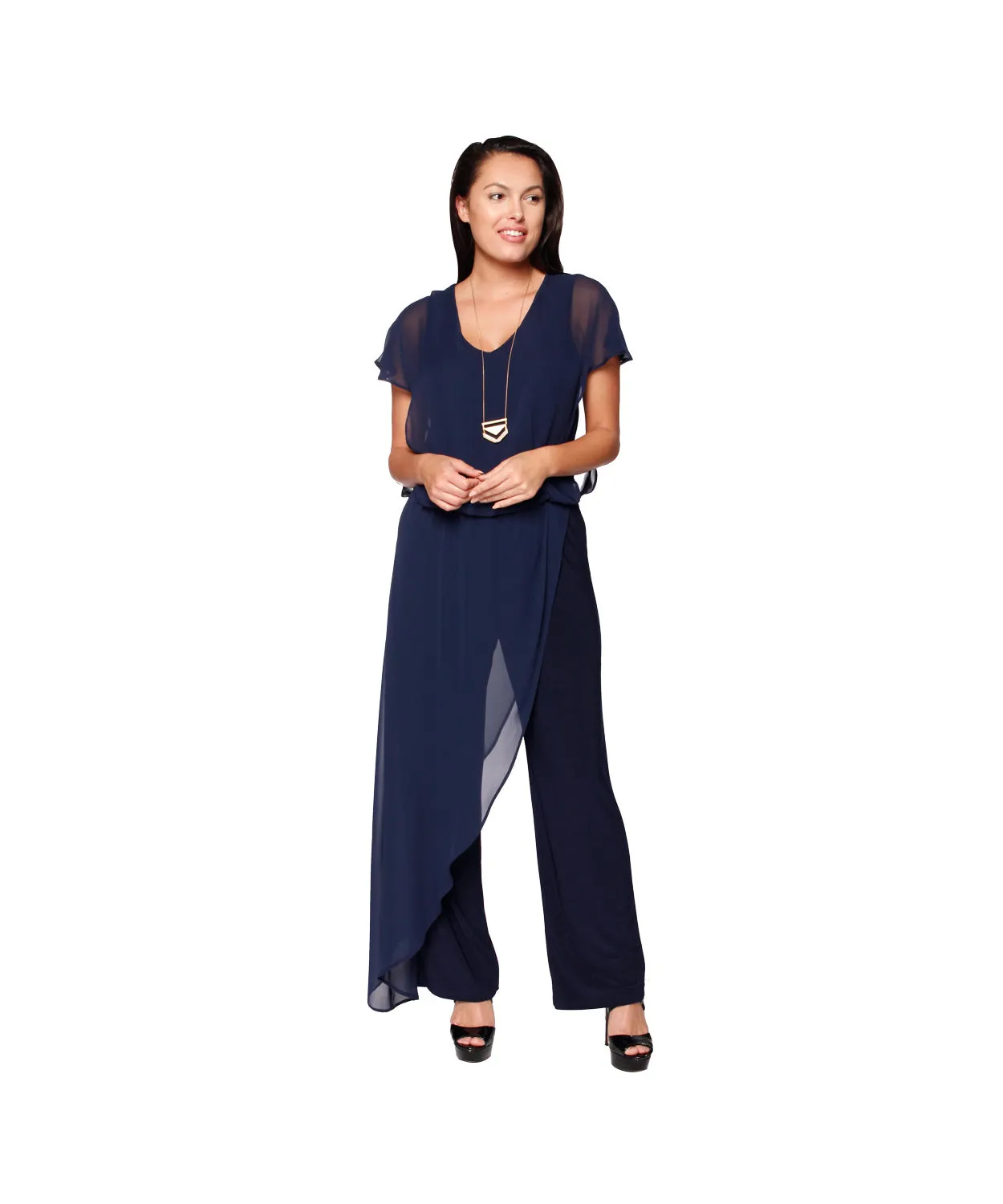 Jumpsuit with back Neckline, Chiffon Overlay & Straight Leg | Navy, Black