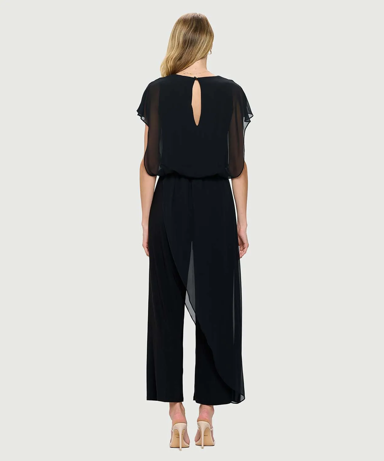 Jumpsuit with back Neckline, Chiffon Overlay & Straight Leg | Navy, Black