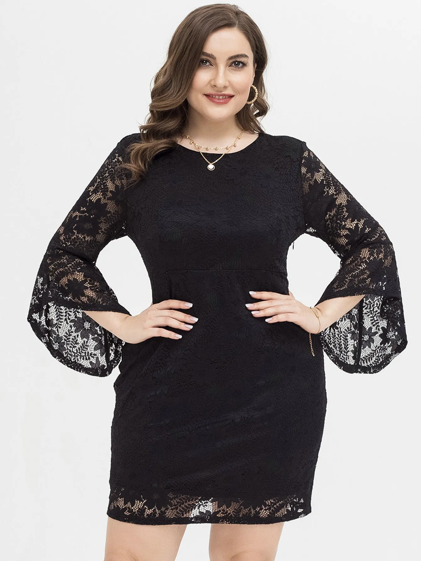 KittenAlarm - PLUS SIZE FLOUNCE SLEEVE LACE OVERLAY DRESS