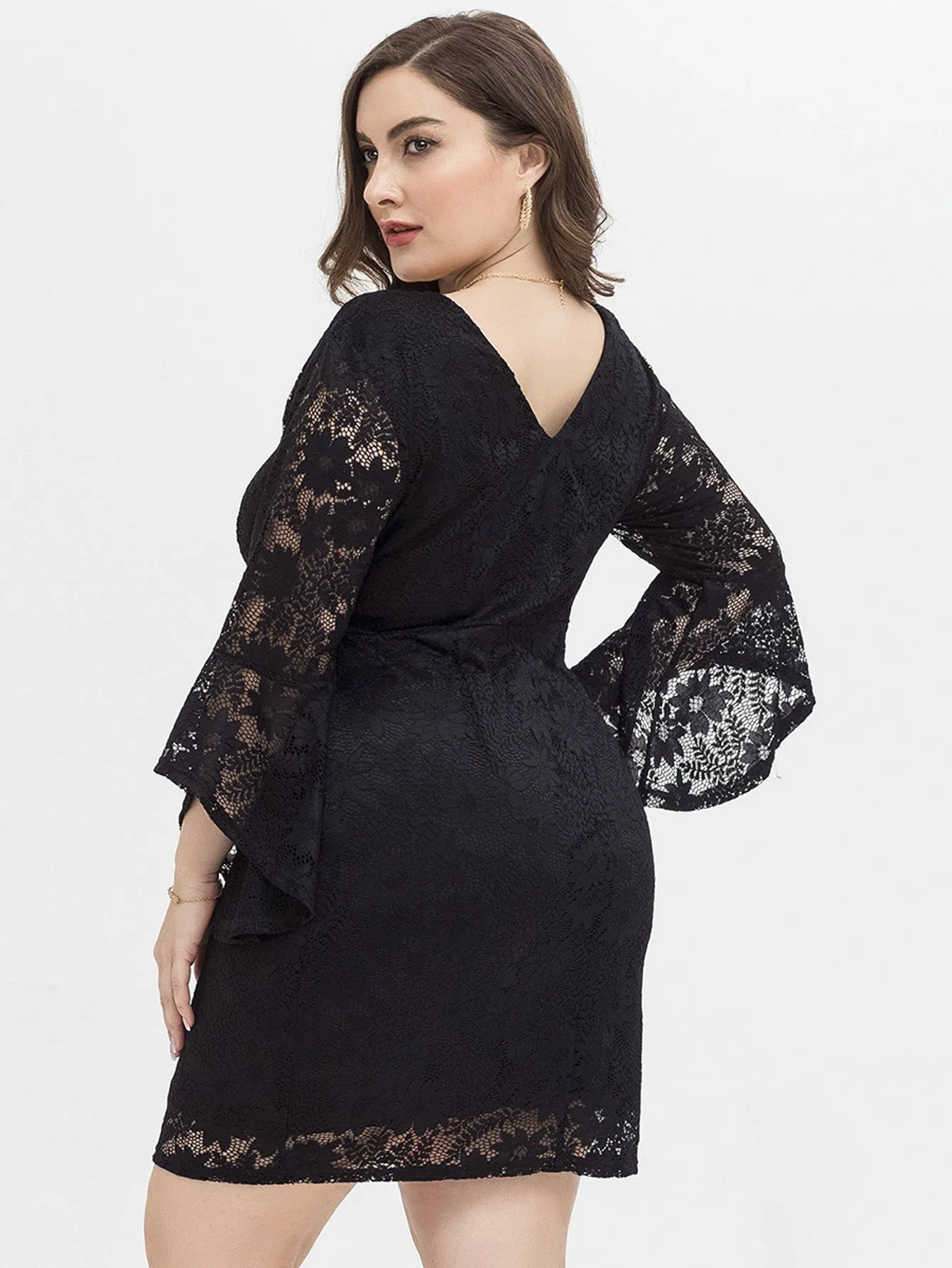 KittenAlarm - PLUS SIZE FLOUNCE SLEEVE LACE OVERLAY DRESS