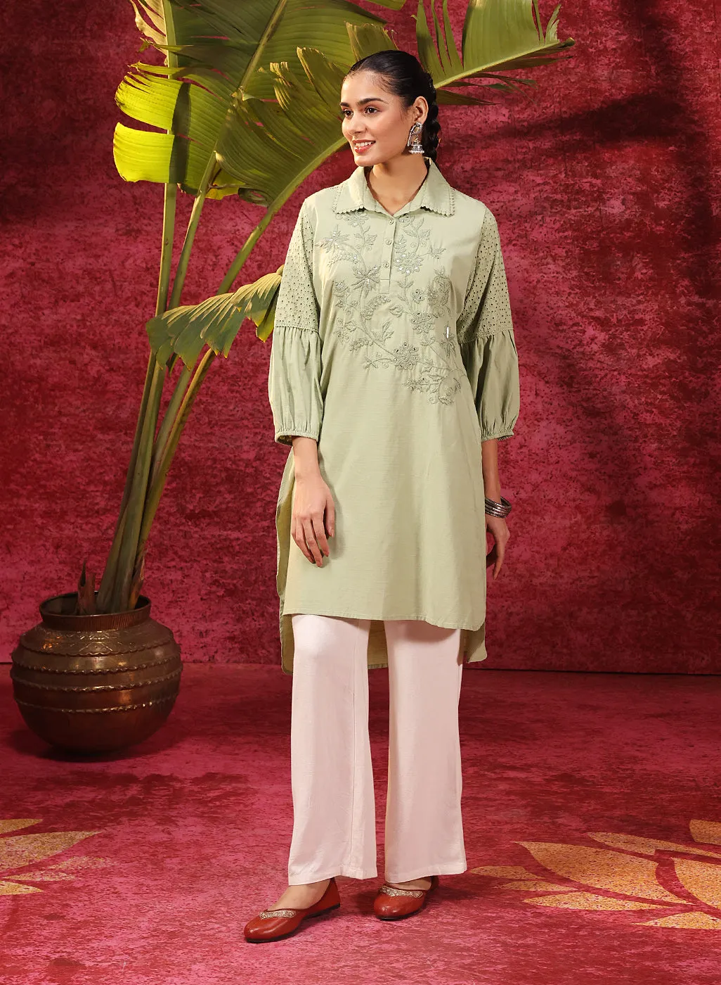 Kyla Basil Green Embroidered Cotton Linen Tunic for Women