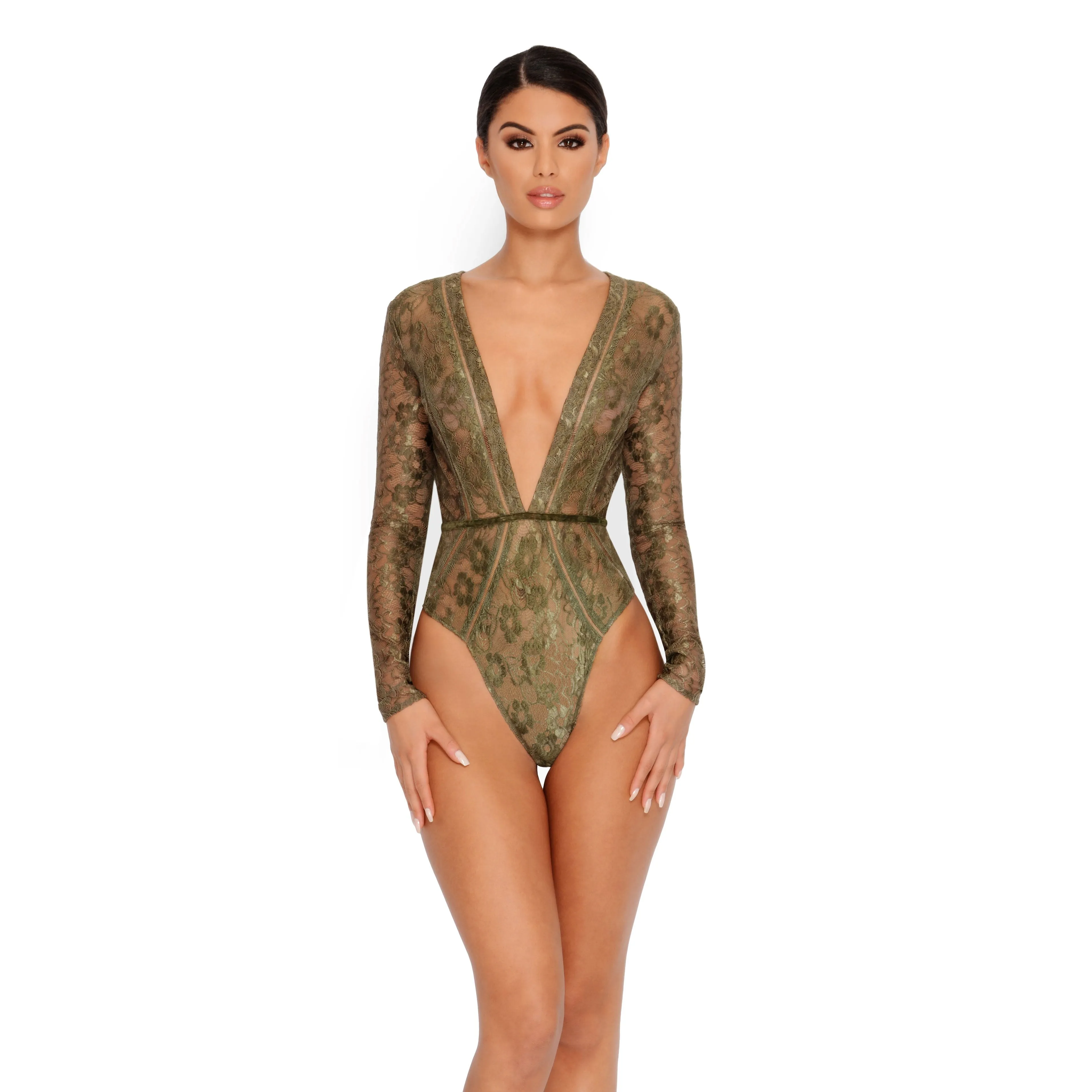 Lace Be Honest Long Sleeve Plunge Bodysuit in Khaki