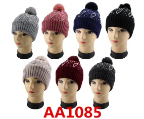 Lady Winter Cable Knitted Long Cuffed Hat Beanies Fur Lining W/Fur Pom And Stone AA1085