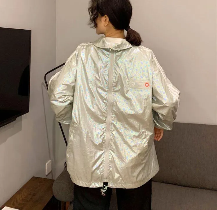 Laser Hologram Side Stripes Sporty Bomber Jacket