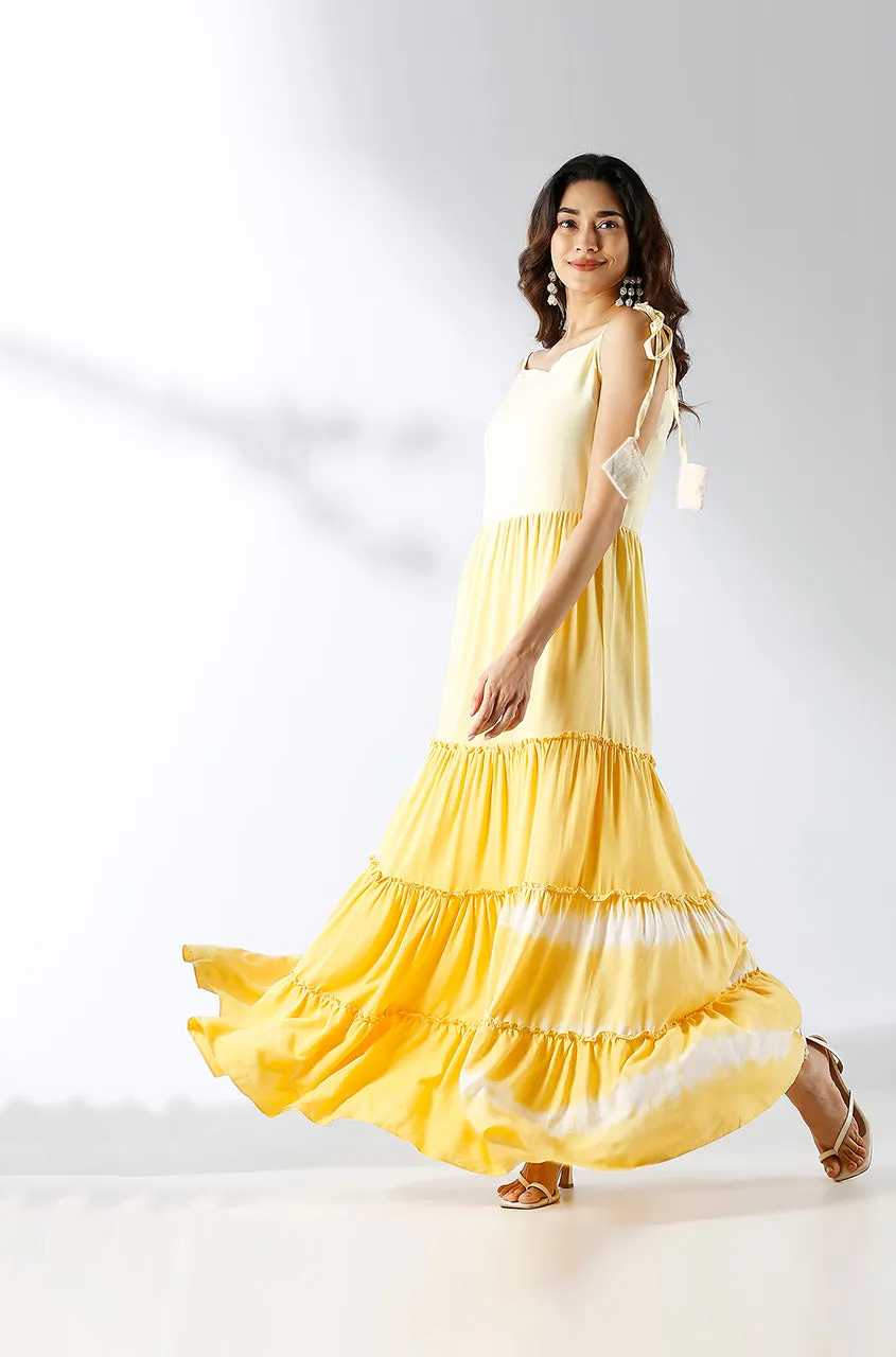 LEHER -Yellow Ombre Tiered Gown With Knit Jacket