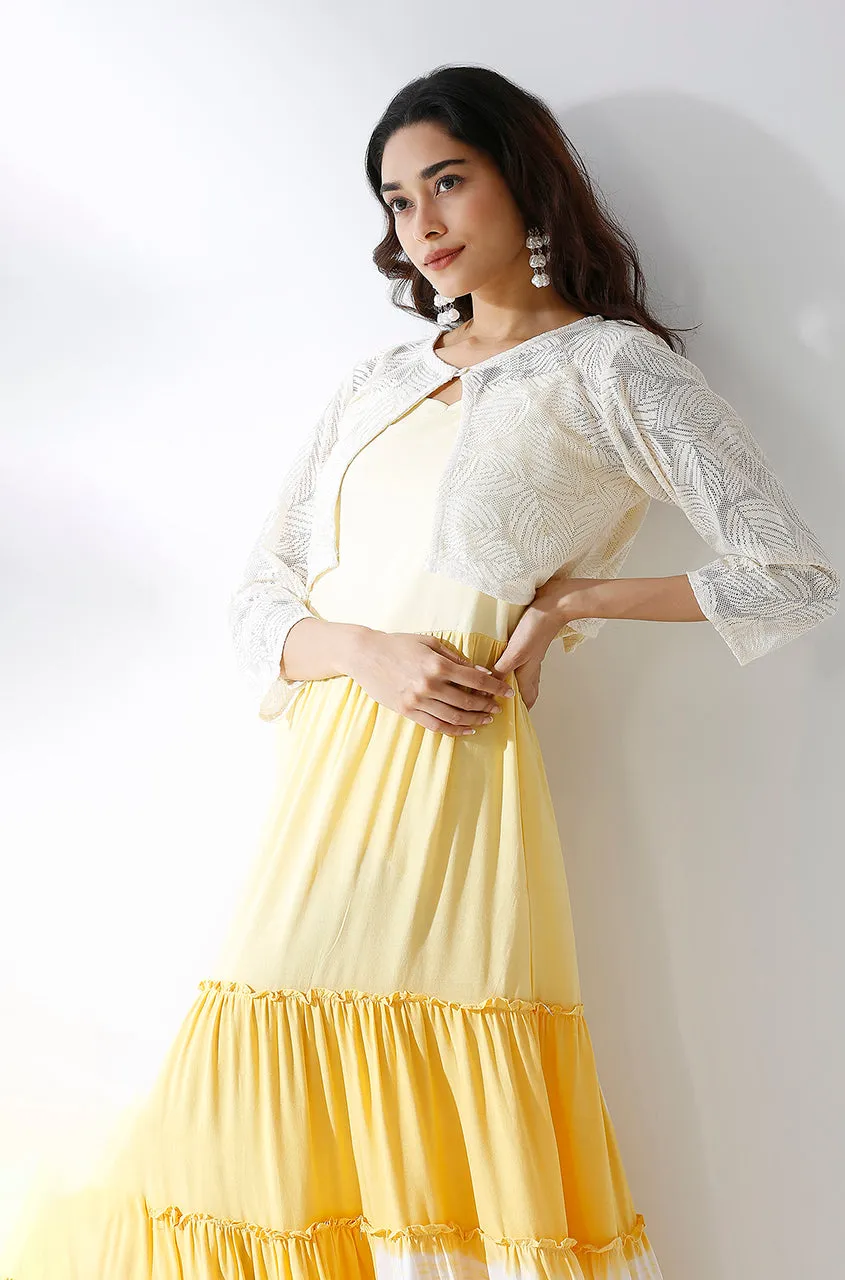 LEHER -Yellow Ombre Tiered Gown With Knit Jacket