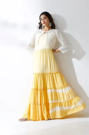 LEHER -Yellow Ombre Tiered Gown With Knit Jacket