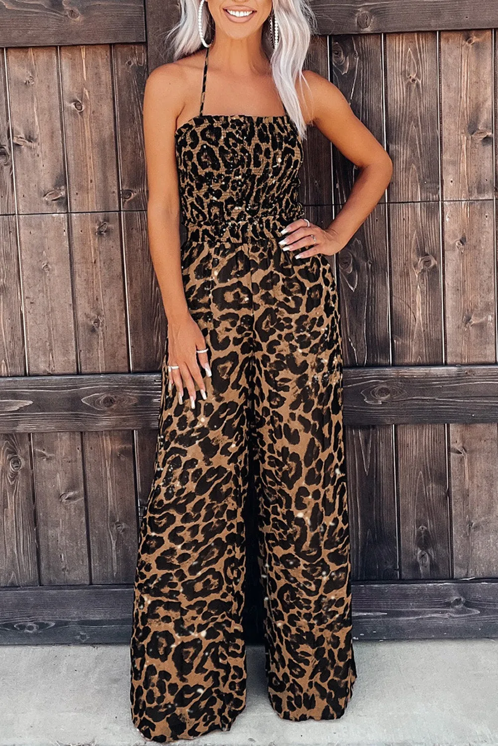 Leopard Print Halter Neck Backless Wide Leg Jumpsuit