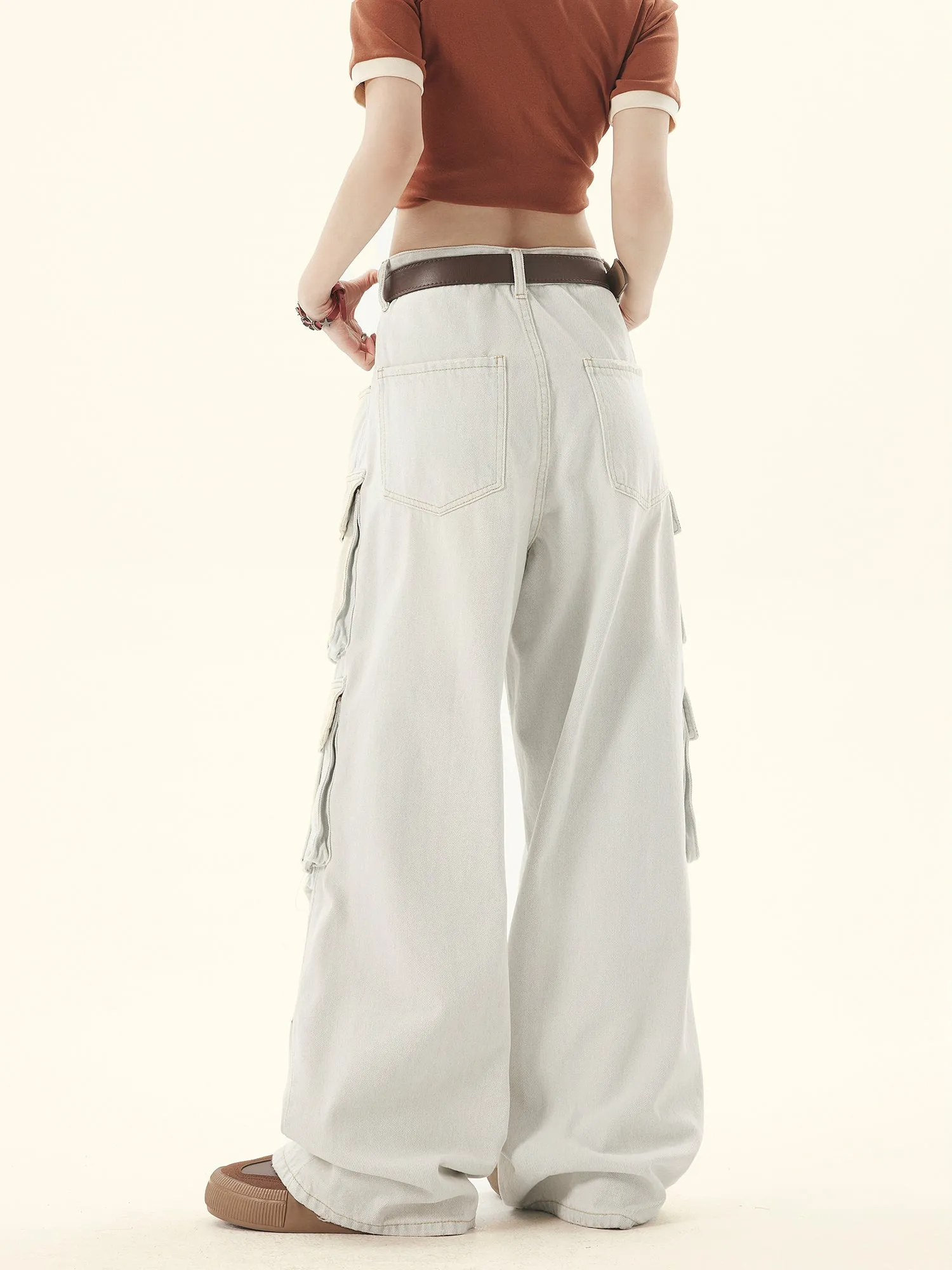 Light-Washed Denim Wide-leg Cargo Pants