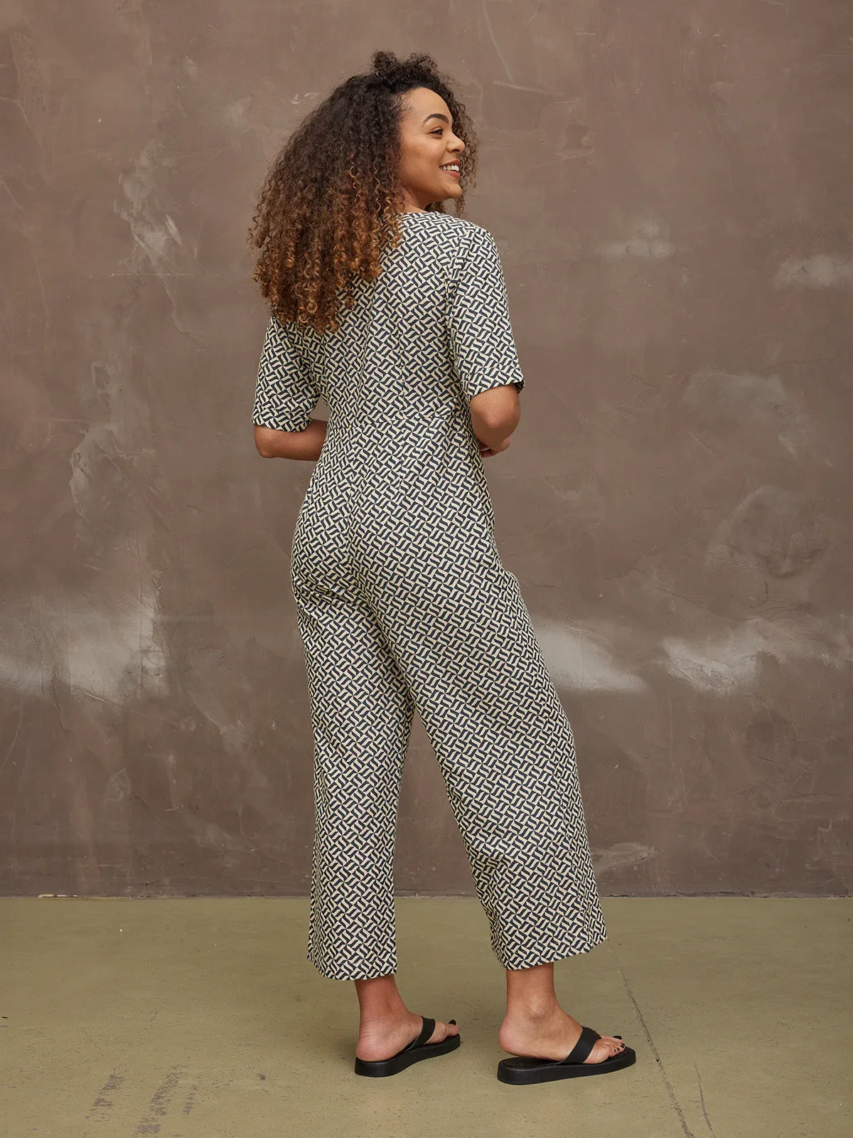 Lola - Button Jumpsuit - Navy Geo Print