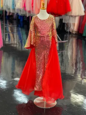 Marc Defang 8004k Size 4 Kids Red Sequin Jumpsuit Bell Sleeve Pageant Overskirt Fun Fashion